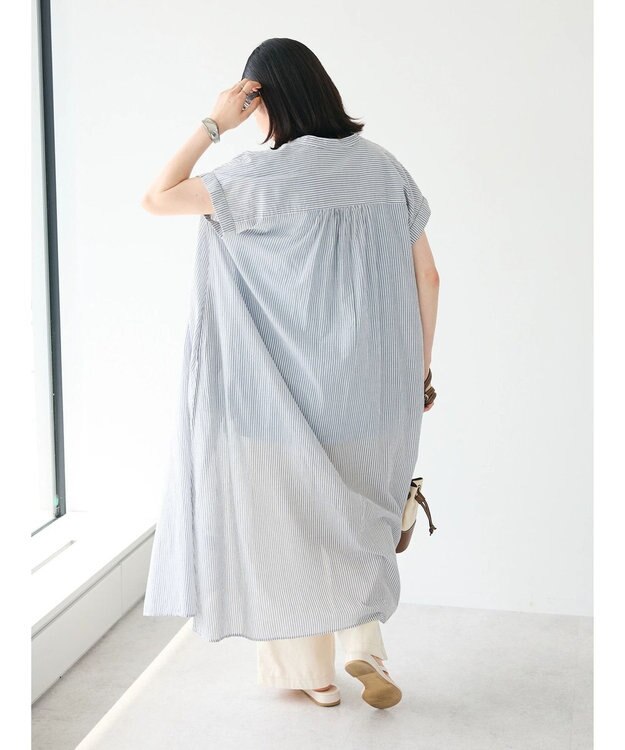 CRAFT STANDARD BOUTIQUE インド綿バンドカラーワンピース Stripe Gray