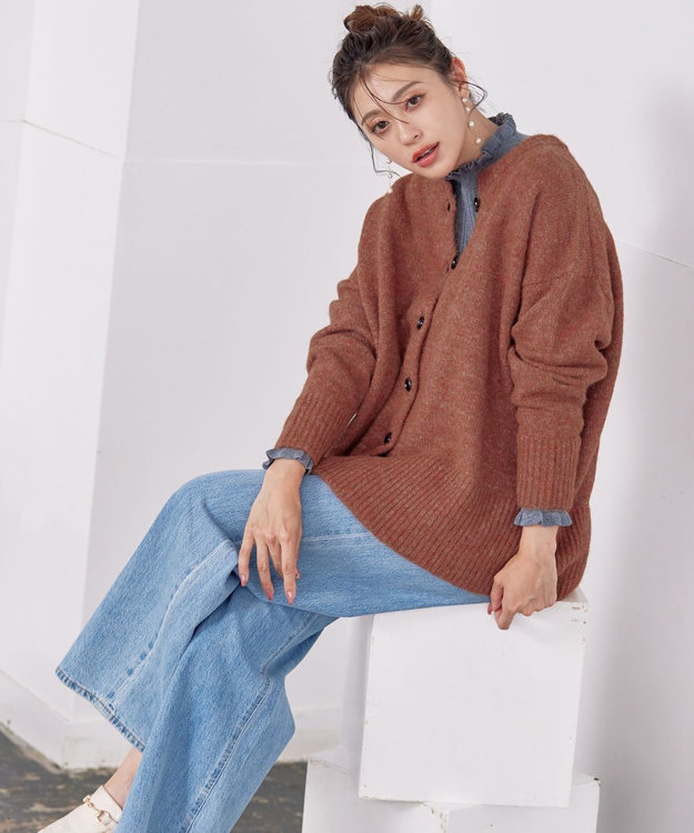 Tiaclasse 【洗える】クルーネックメランジカーディガン オレンジ