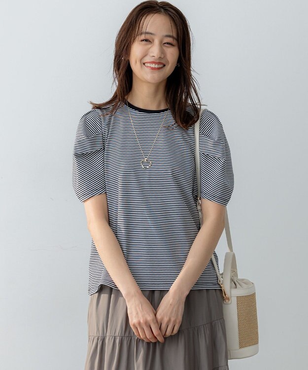 組曲 GIZAコットンタックスリーブ Tシャツ モノトーンストライプ系1