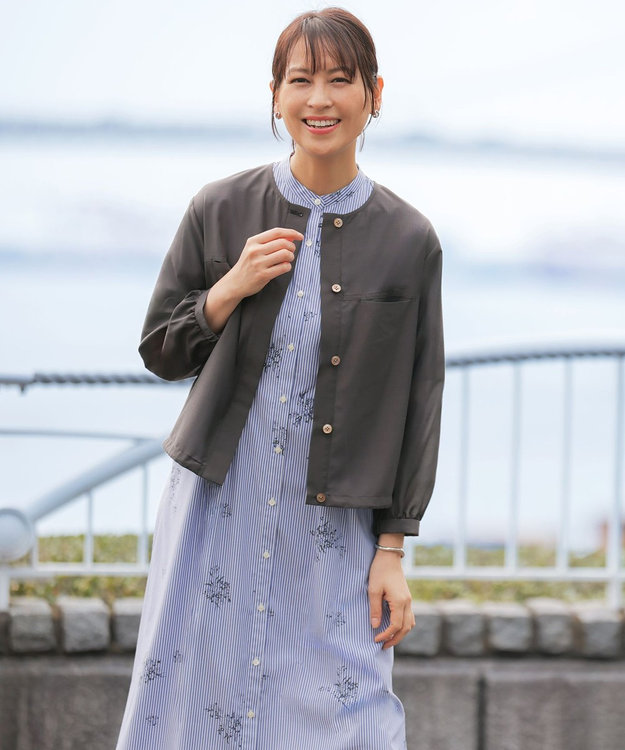 J.PRESS LADIES 【一枚で着映え】ストライプ×フラワープリント ワンピース ネイビーストライプ系