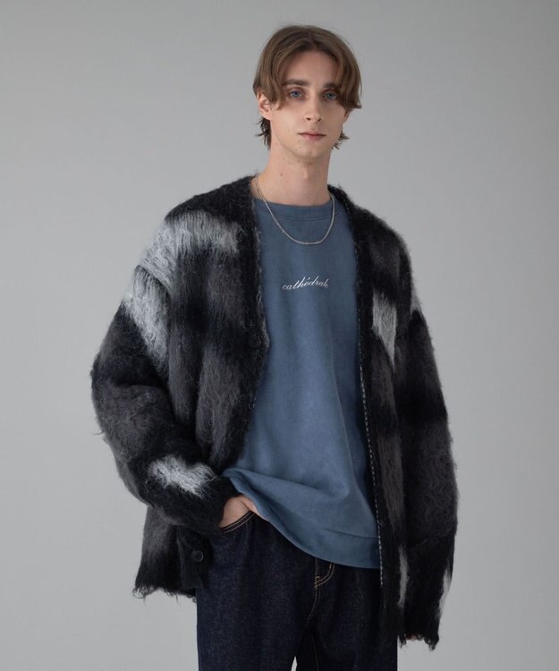 WEGO 【ユニセックス着用ITEM/MLサイズ展開】モヘアタッチパターンカーディガン ブラック