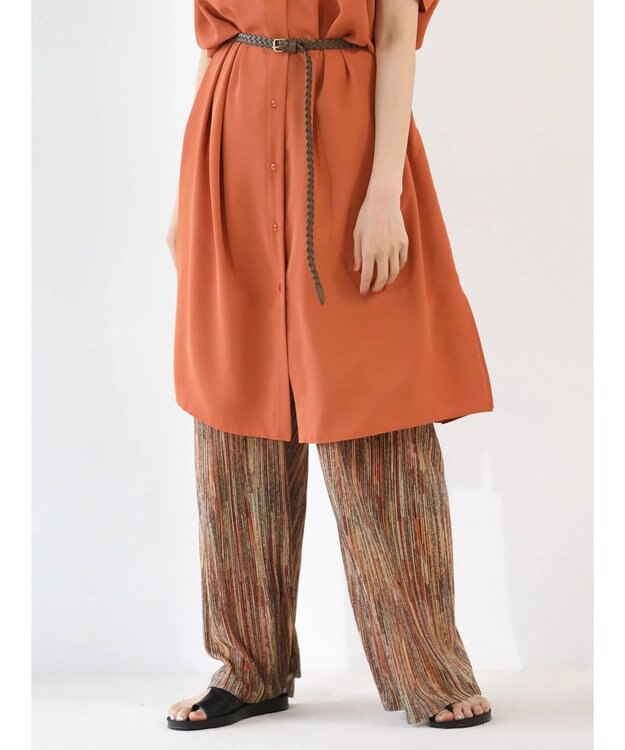 Green Parks セルフカットプリーツワイドパンツ Stripe Brown