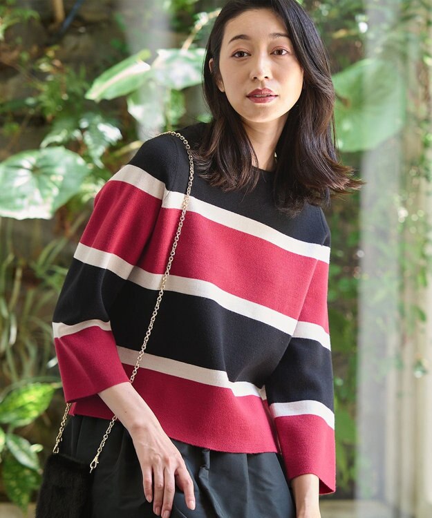 自由区 S 【洗える】ウールミラノボーダー ニット レッド×シャンパンベージュ×ブラック