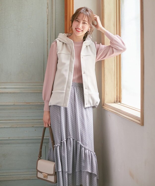 ANY SIS 【2WAY】リボン付き パフスリーブリブ ニット スモーキーピンク