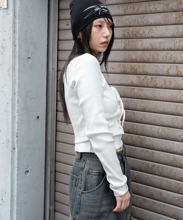 WEGO レイヤード風レースアップトップス ホワイト
