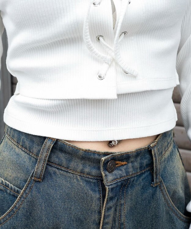 WEGO レイヤード風レースアップトップス ホワイト