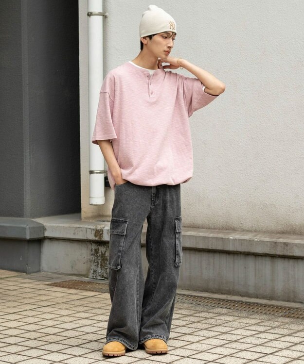 WEGO 【ユニセックス着用ITEM/MLサイズ展開】スラブヘンリーネックT（SS） ピンク