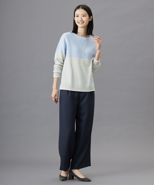 J.PRESS LADIES L 【WEB限定カラーあり・洗える】CAT ボートネック ブロッキング ニット ライラックブルー×ライトグレー×オフ系