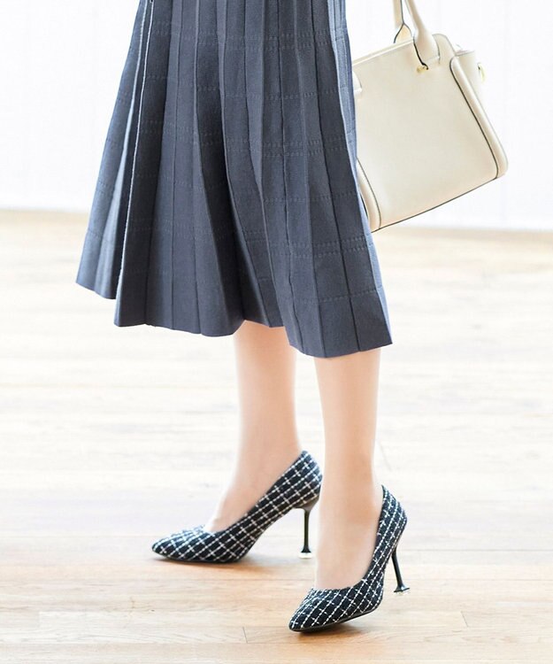 Tiaclasse L 【洗える】1枚で着映えするチェック柄編みニットワンピース チャコールブルー