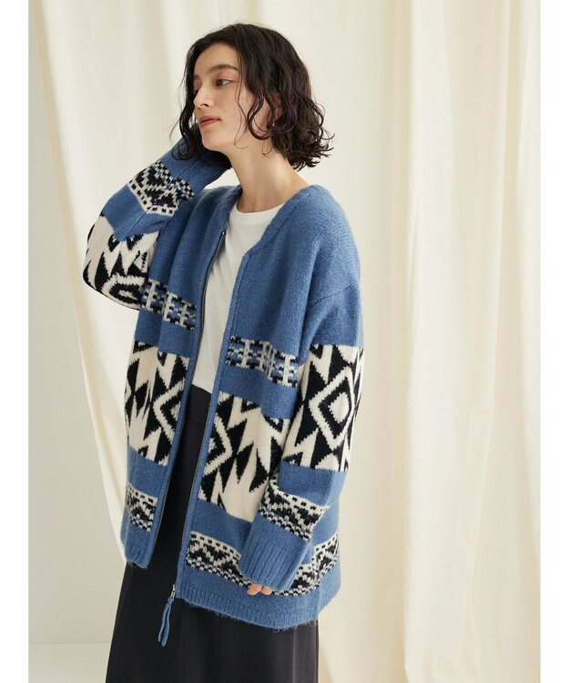 CRAFT STANDARD BOUTIQUE オルテガ柄ニットＺＩＰブルゾン Sax