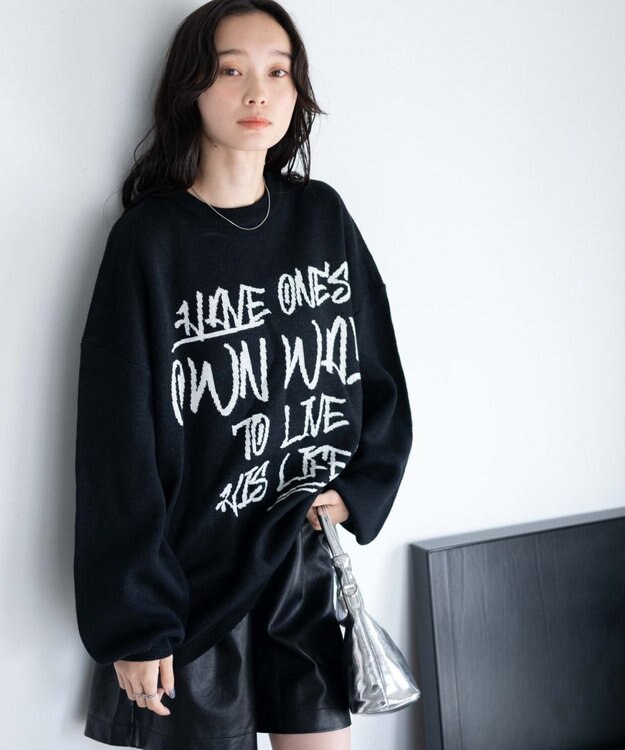 WEGO ハンドライティングジャガードニット ブラック