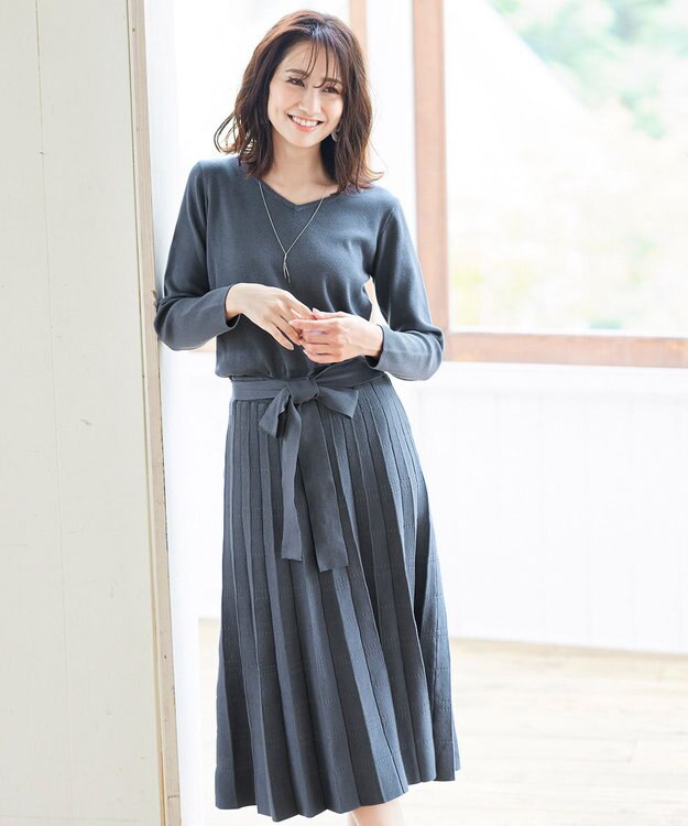 Tiaclasse L 【洗える】1枚で着映えするチェック柄編みニットワンピース チャコールブルー