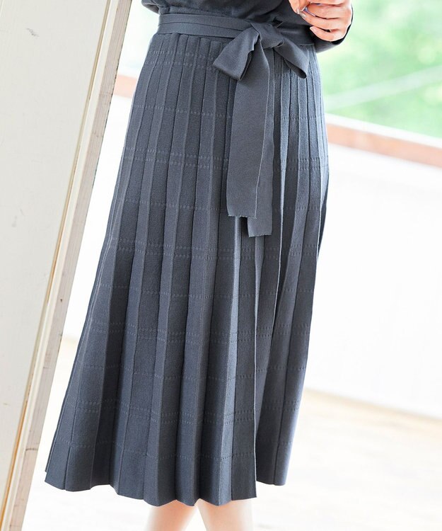 Tiaclasse L 【洗える】1枚で着映えするチェック柄編みニットワンピース チャコールブルー