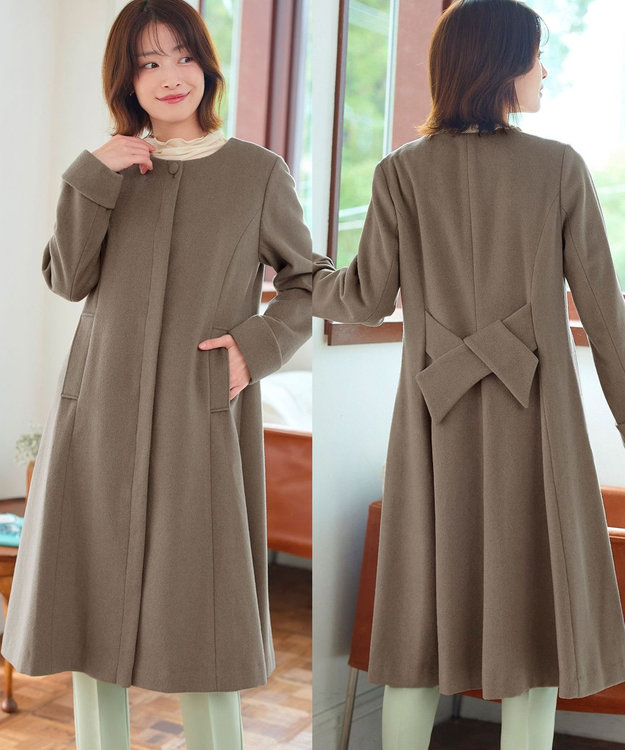 Tiaclasse 【ウール混】ノーカラーバックリボンウールコート モカ