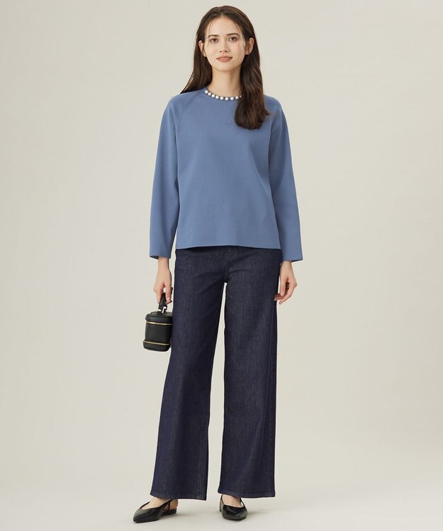 自由区 S 【洗える】パールディティールプルオーバー ニット ブルー