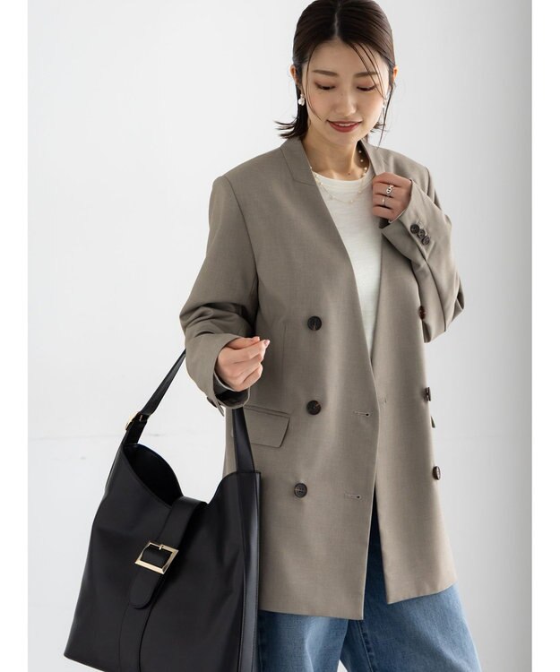 Te chichi ノーカラーダブルブレストジャケット ベージュ