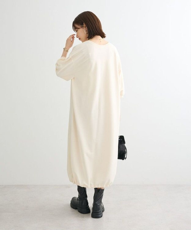 Green Parks ７分袖裏毛ドッキングロゴワンピース Ecru