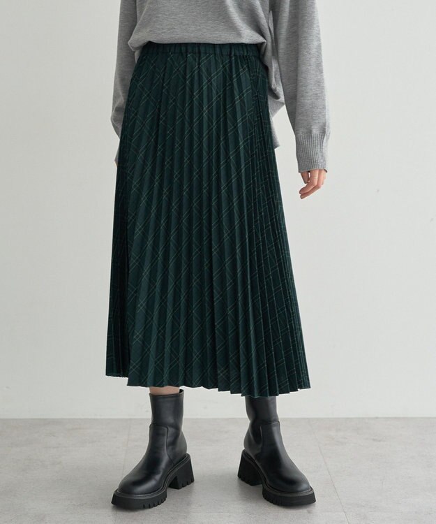 earth music&ecology プリーツミディスカート Check Green