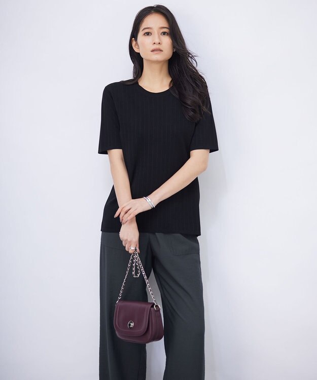 ICB 【洗える】 ストライプパターン ニットトップス ブラック系