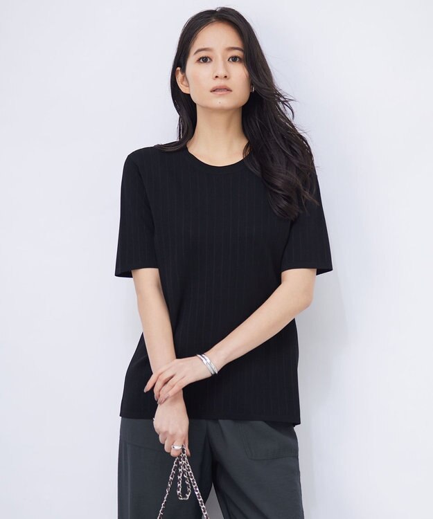 ICB 【洗える】 ストライプパターン ニットトップス ブラック系