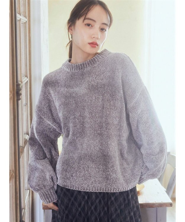 earth music&ecology シャイニーベロアモールプルオーバー Gray Beige