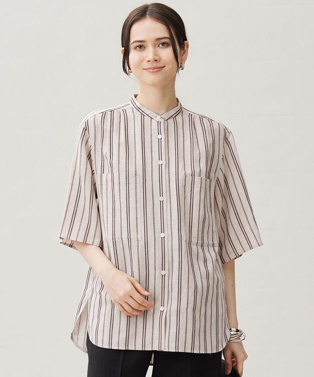 自由区 【セットアップ対応】リネンビスコースストライプ シャツ フラックス系