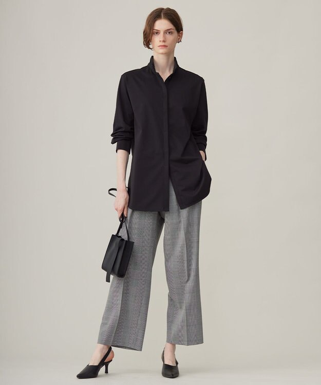 ICB L 【洗える】 ブラウスライクジャージー ロングシャツ ブラック系