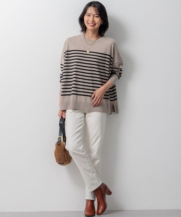 23区 S 【WEB限定カラーあり/洗える】ウーステッドウール ワイドシルエット ニット [WEB限定]ベージュ×ブラック