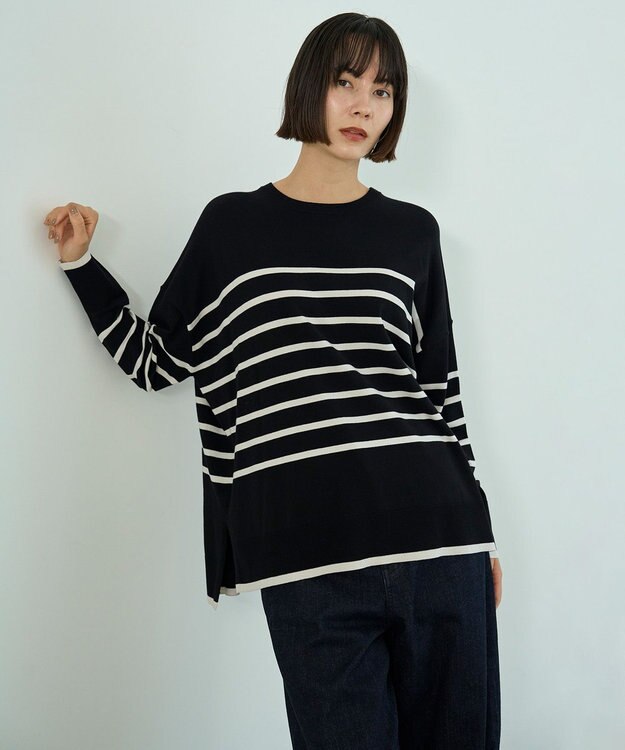 UNFILO L マイビューティニット ワイドクルーネック ブラックボーダー