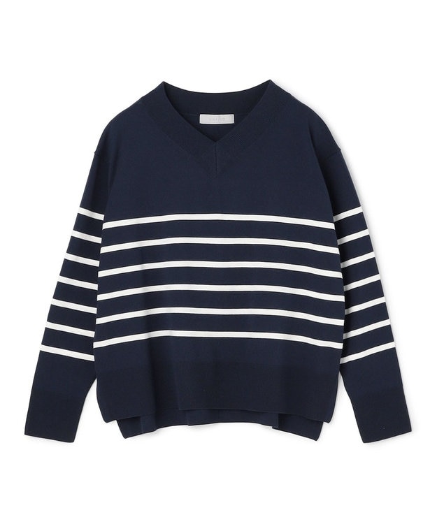 UNFILO L マイビューティニット Vネック ネイビーボーダー