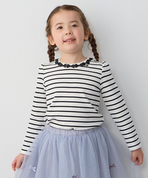 ANY KIDS リボン×ボーダー長袖Tシャツ ブラック×エクリュ