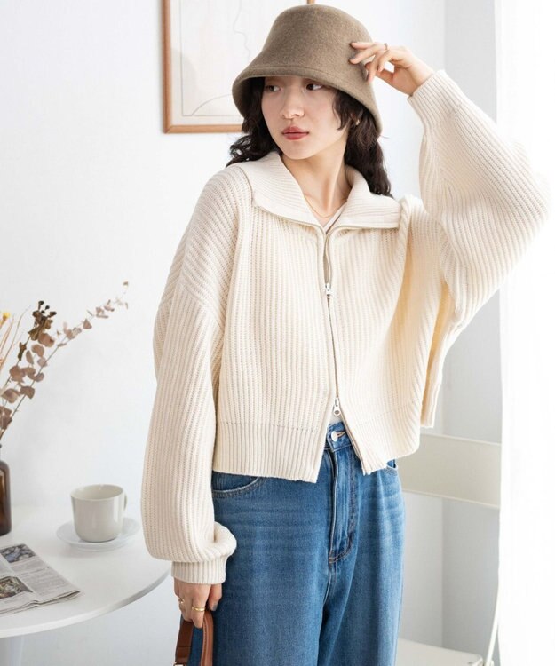 WEGO ダブルジップショートカーデ ホワイトアイボリー