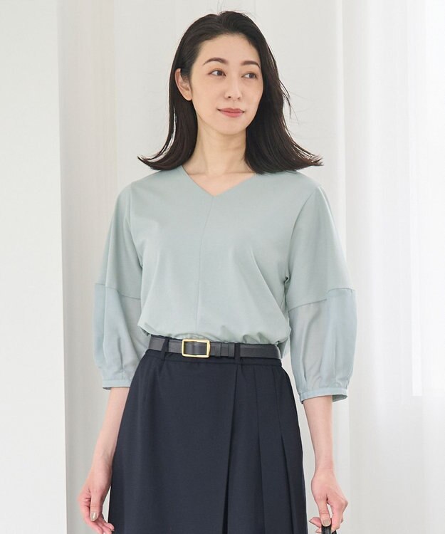 自由区 S 【洗える】エッセンシャルポンチ Vネックカットソー ライトグリーン系