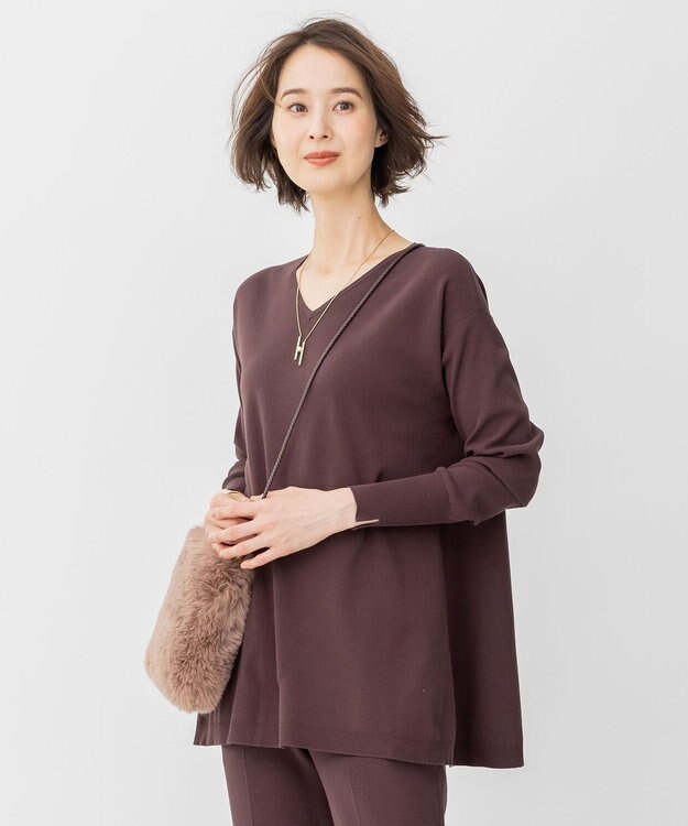 自由区 【洗える/セット可】レーヨンストレッチ Vネックニット ダークブラウン系