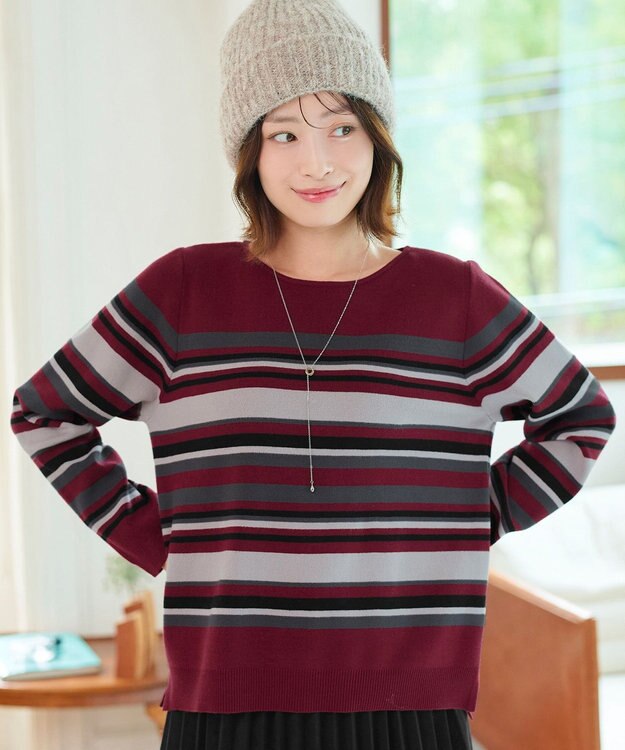 Tiaclasse マルチボーダーニットトップス ボルドー