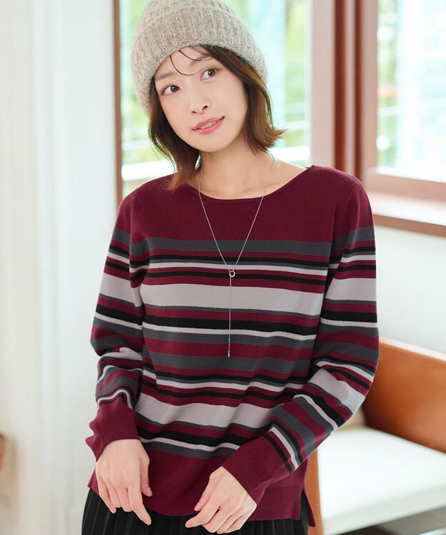 Tiaclasse マルチボーダーニットトップス ボルドー