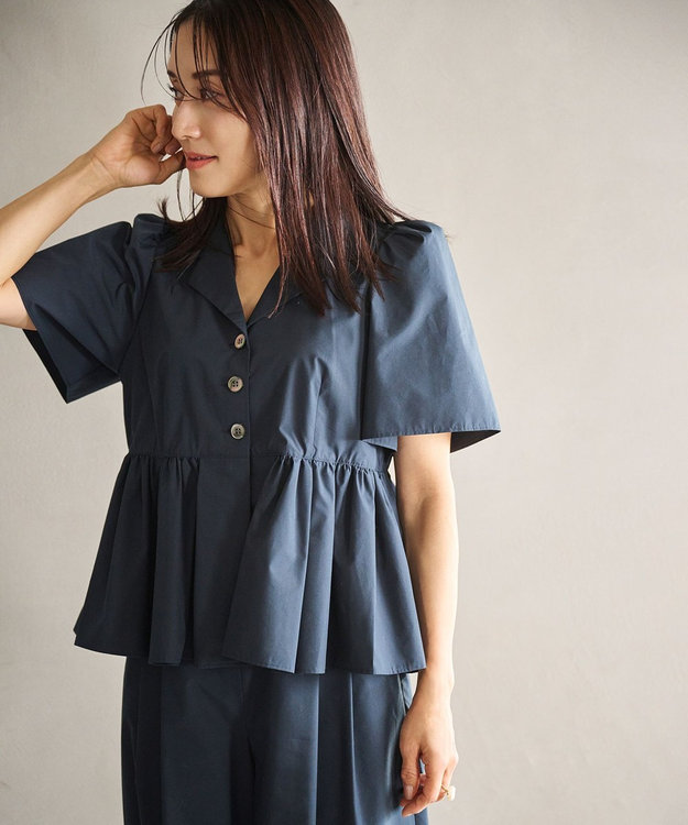 #Newans 【セレモニーにも】オープンカラーペプラムブラウス ネイビー