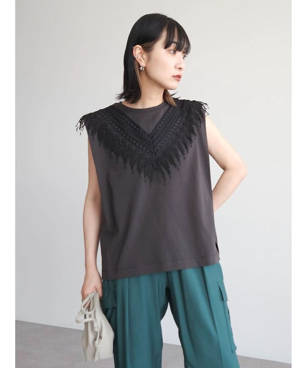 Green Parks ・ＳＵＧＡＲ　ＳＰＯＯＮ　フリンジフレンチＴシャツ Charcoal Gray