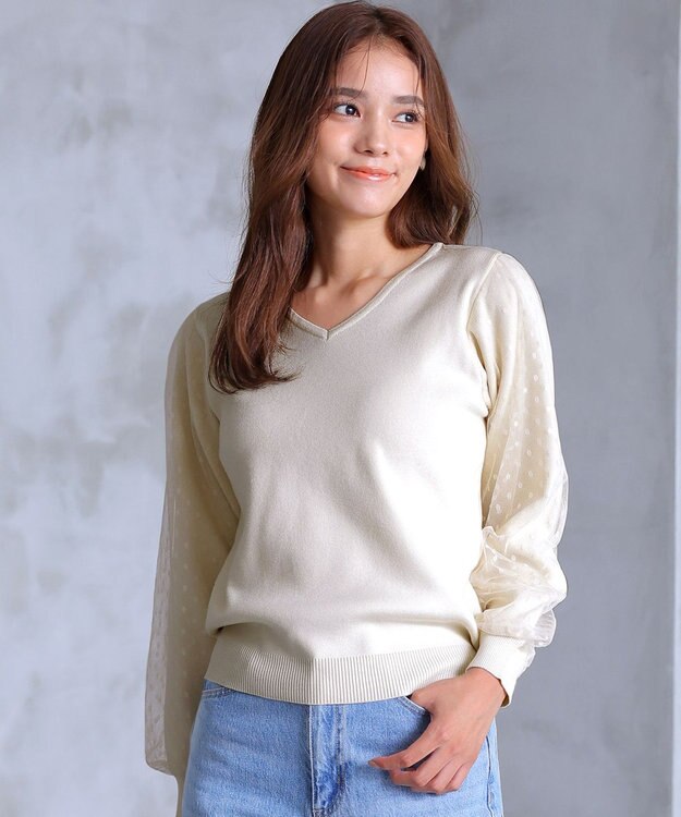 Tiaclasse L 【洗える】ドットチュールコンビニットトップス オフホワイト