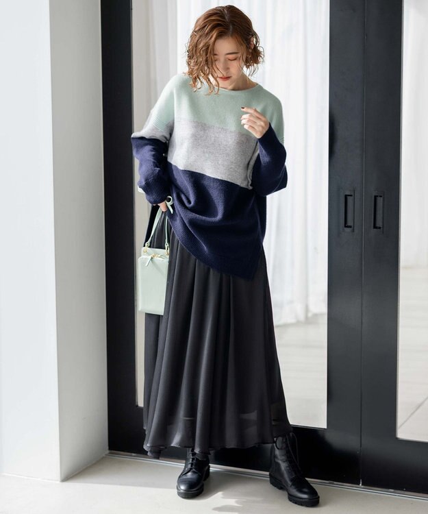 23区 【洗える】ウールカシミヤ カラーブロック ニット ミント系