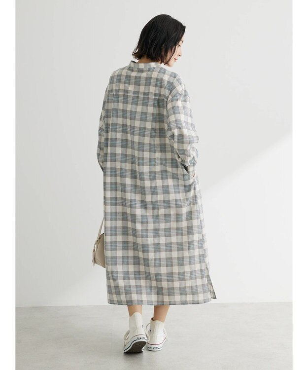 Green Parks 綿麻混バンドカラーシャツワンピース Check