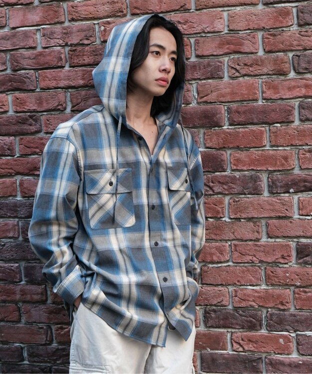 WEGO オンブレチェックフードシャツ（LS） ブルーチェック1