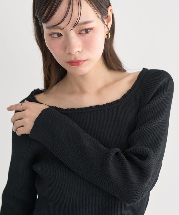 earth music&ecology 【予約】レーストリムリブニットプルオーバー ブラック