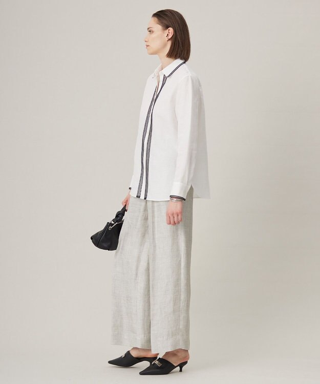 ICB 【日本製】 コットンリネンタンブラー ブラウス オフホワイト×ブラック系