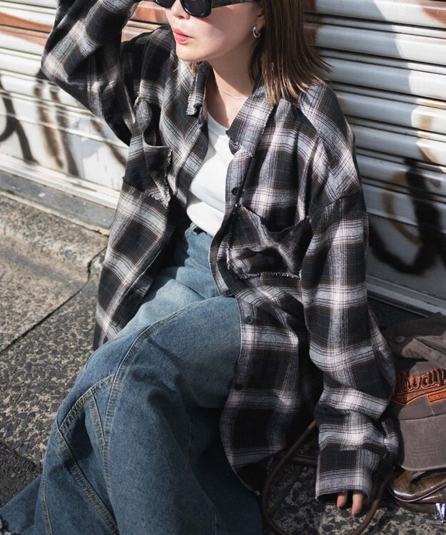 WEGO フリンジチェックBIGネルシャツ ブラウンチェック1