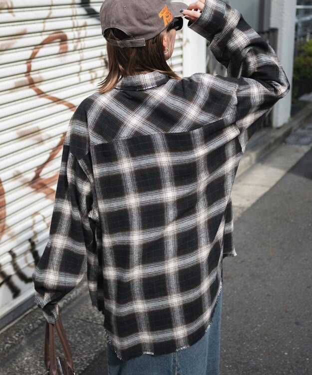WEGO フリンジチェックBIGネルシャツ ブラウンチェック1