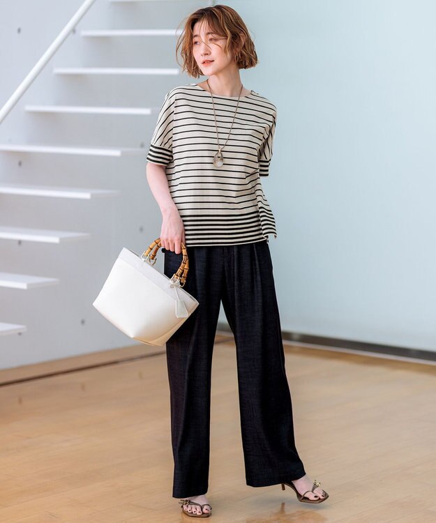 23区 S 【洗える】ランダムボーダー ドルマン カットソー サンド×ブラックボーダー