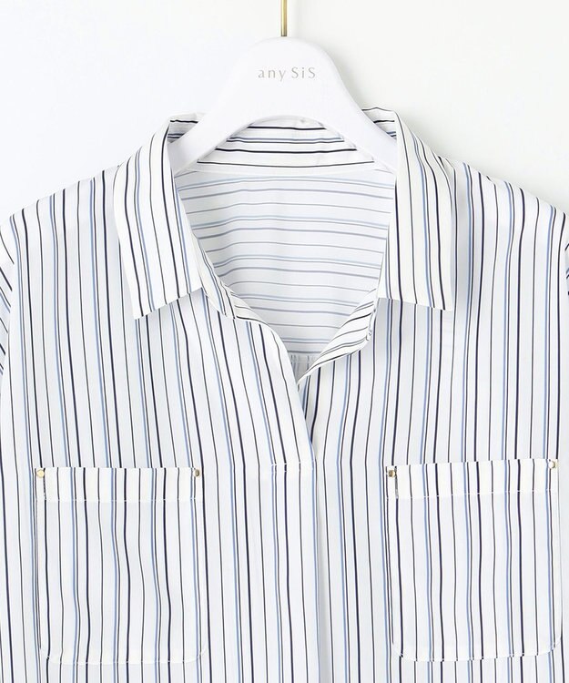 ANY SIS S 【洗える】トロミシャツカラー ブラウス ネイビーストライプ
