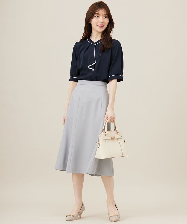 ANY SIS L 【洗える】バイカラーラッフルボウ ブラウス ネイビー