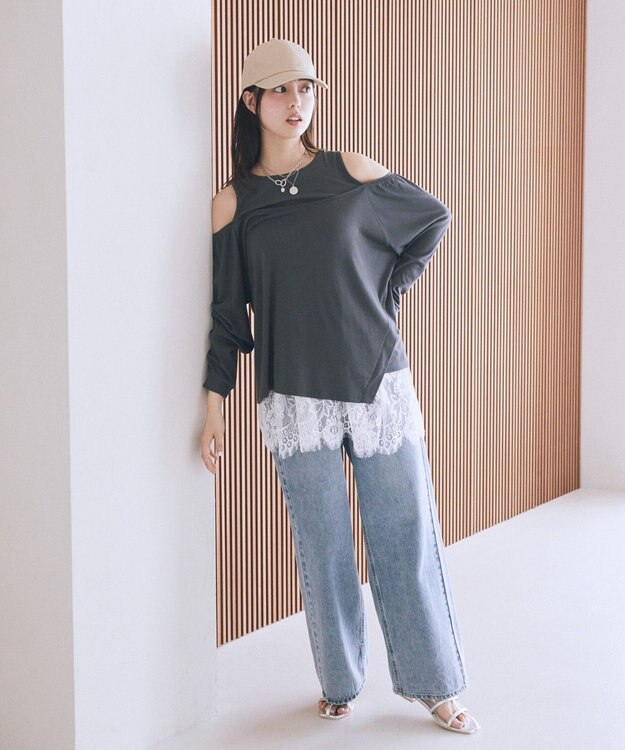 earth music&ecology マルチウェイショルダースリットトップス Charcoal Gray